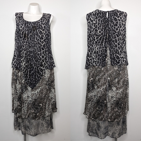 Vintage Phool black white layered chiffon leopard cheetah sleeveless dress 1X - Picture 1 of 11